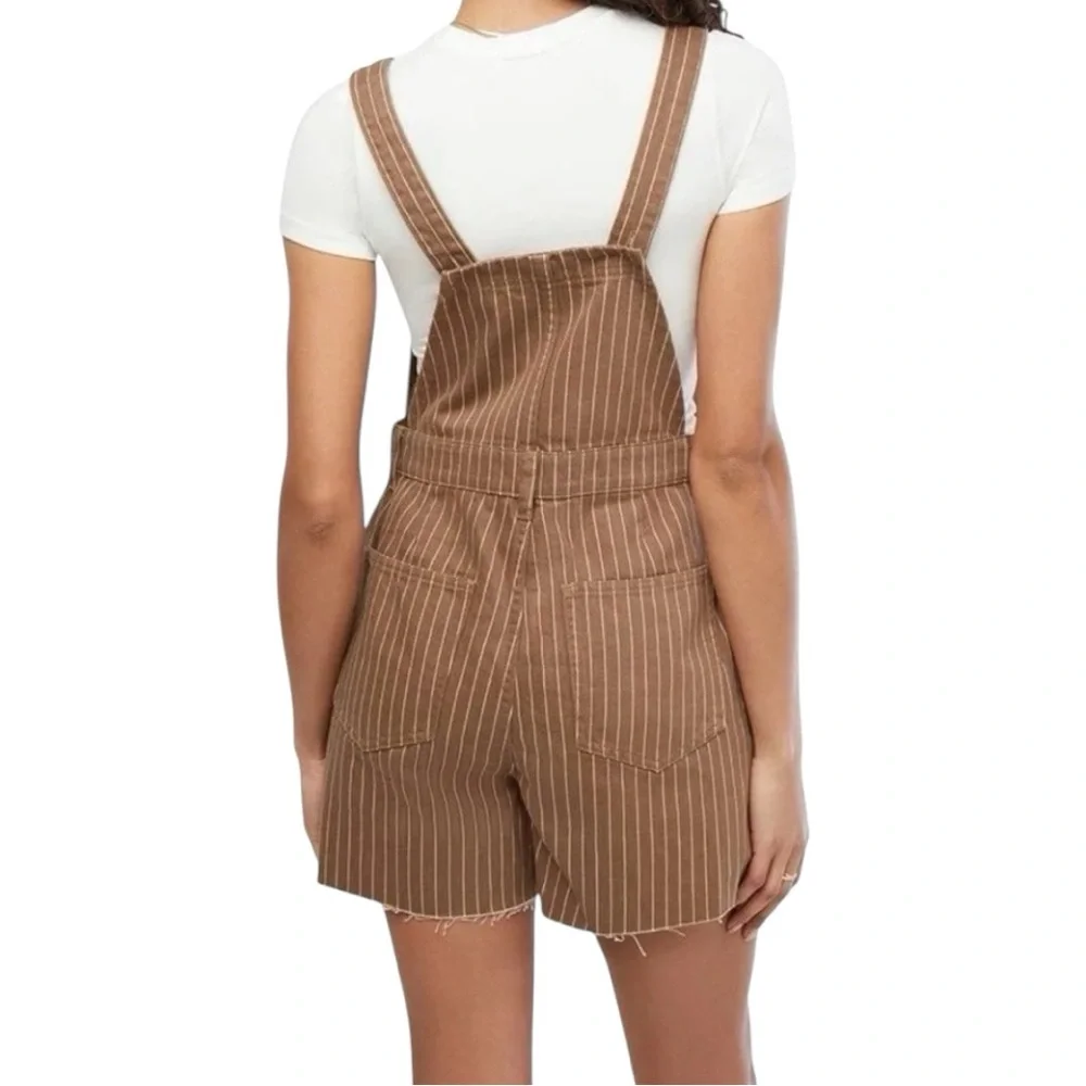 WEWOREWHAT Slit Overall Shorts Romper Pinstripe Brown Raw Hem Size M NWT - Picture 2 of 7
